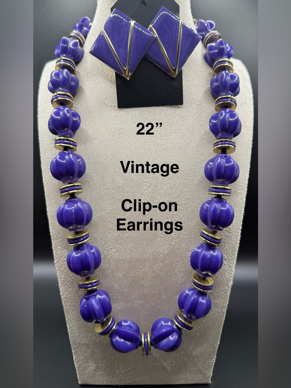 Vintage Purple Bead Necklace with Clip-On Earrings